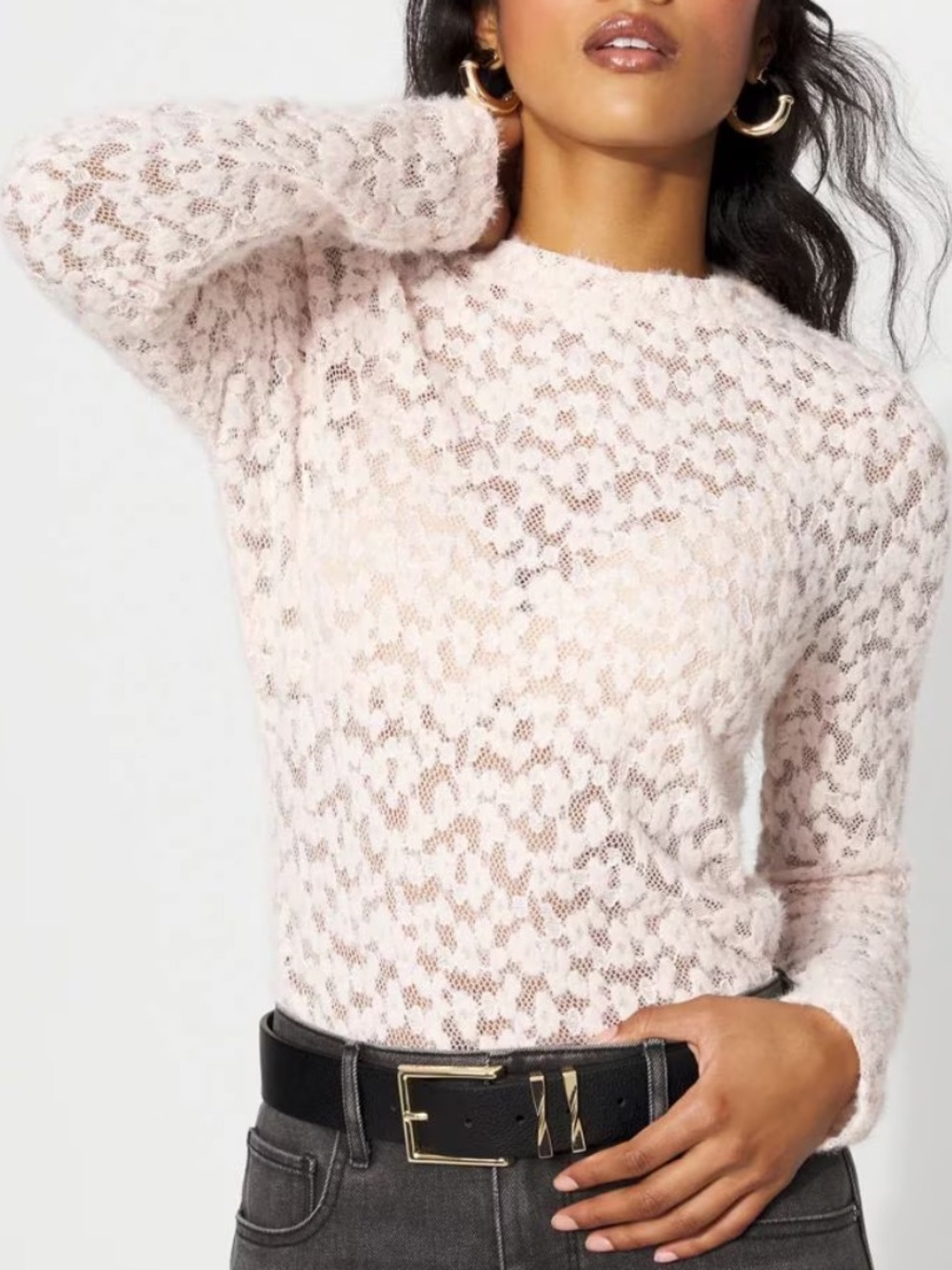 White House Black Market Textured Lace Mockneck Top Large Ivory Sheer Romantic
